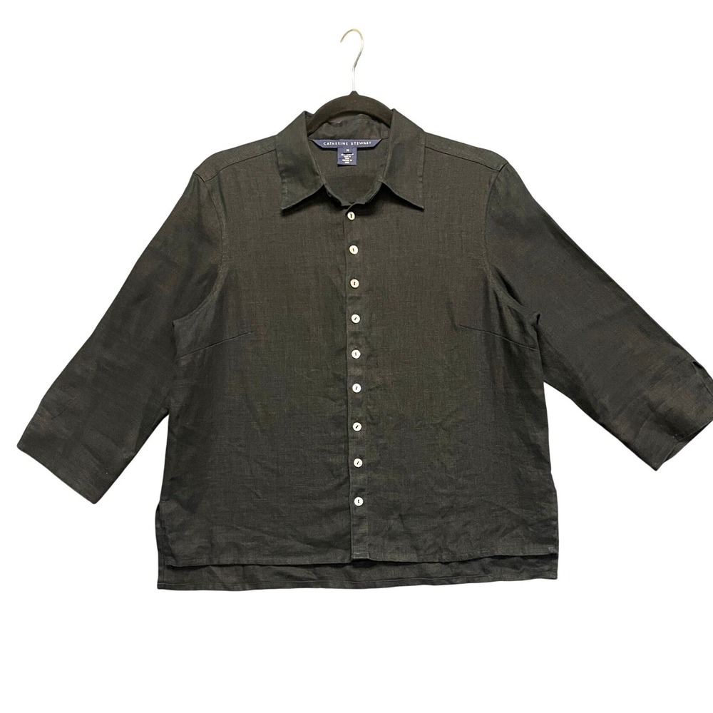 Catherine Stewart Womens M‎ Black 100% Linen Button Up 3/4 Sleeve Shirt Blouse
